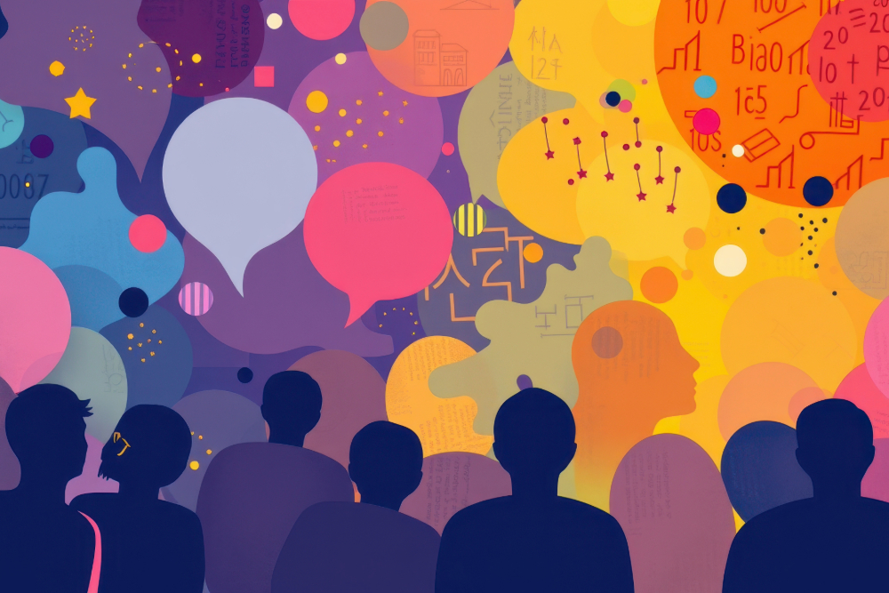 silhouetted people observing a vibrant and abstract conceptualization of communication and knowledge exchange through colorful speech bubbles